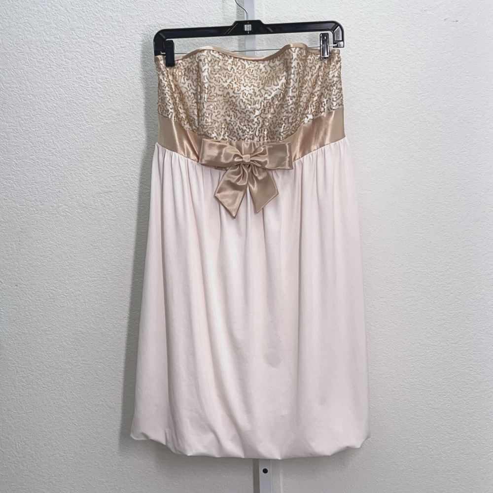 Vintage Jessica McClintock Gunne Sax Gold Sequin Strapless Bubble Hem Dress 13